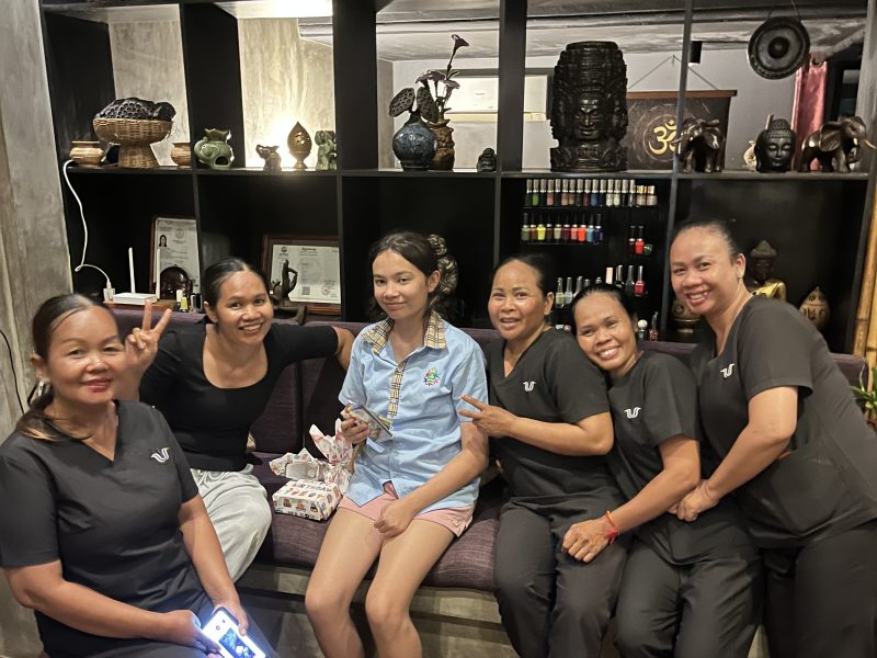 Farah celebrating her birthday with the Lotus Dream Spa team at our family-run spa in Siem Reap.